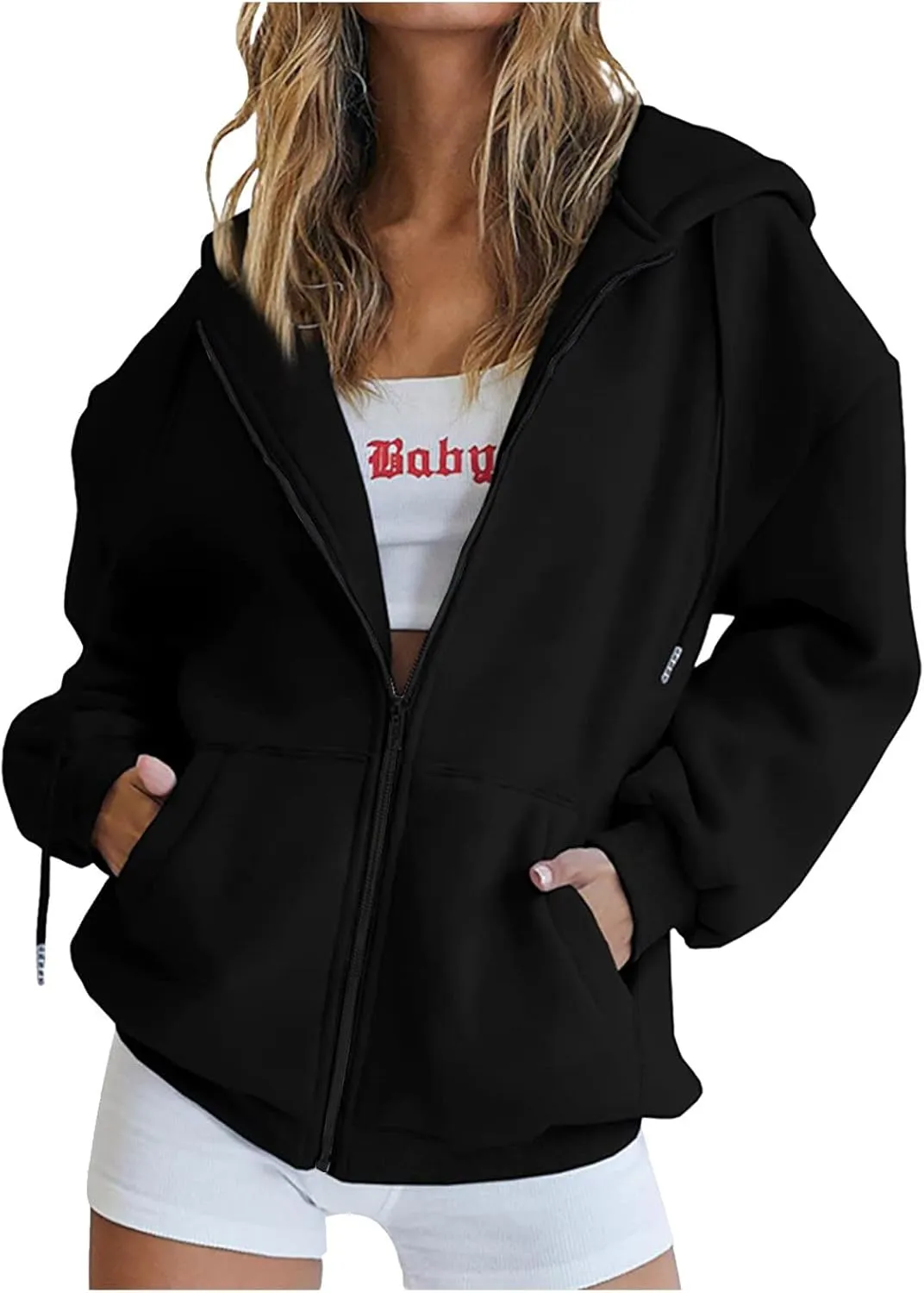 Women Zip Up Sweatshirt Long Sleeve Oversized Hoodies Pullover with Pockets Casual Hooded Jacket Trendy Fall Clothes