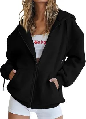 Women Zip Up Sweatshirt Long Sleeve Oversized Hoodies Pullover with Pockets Casual Hooded Jacket Trendy Fall Clothes