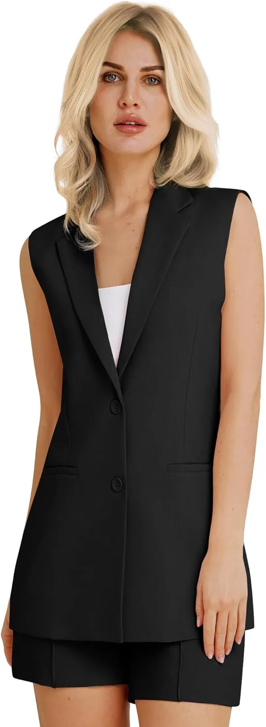Women's 2 Piece Outfits Sleeveless Suit Vest and Shorts Sets Notch Lapel Two Button Business Casual Blazer Sets