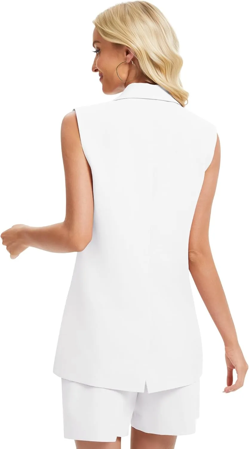 Women's 2 Piece Outfits Sleeveless Suit Vest and Shorts Sets Notch Lapel Two Button Business Casual Blazer Sets