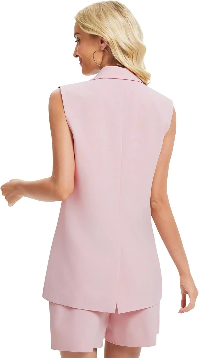 Women's 2 Piece Outfits Sleeveless Suit Vest and Shorts Sets Notch Lapel Two Button Business Casual Blazer Sets