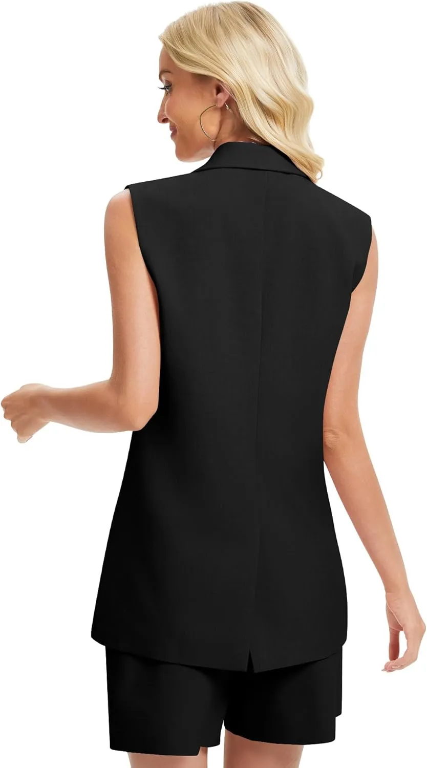 Women's 2 Piece Outfits Sleeveless Suit Vest and Shorts Sets Notch Lapel Two Button Business Casual Blazer Sets