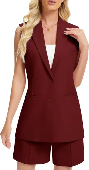 Women's 2 Piece Outfits Sleeveless Suit Vest and Shorts Sets Notch Lapel Two Button Business Casual Blazer Sets