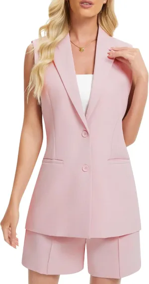 Women's 2 Piece Outfits Sleeveless Suit Vest and Shorts Sets Notch Lapel Two Button Business Casual Blazer Sets