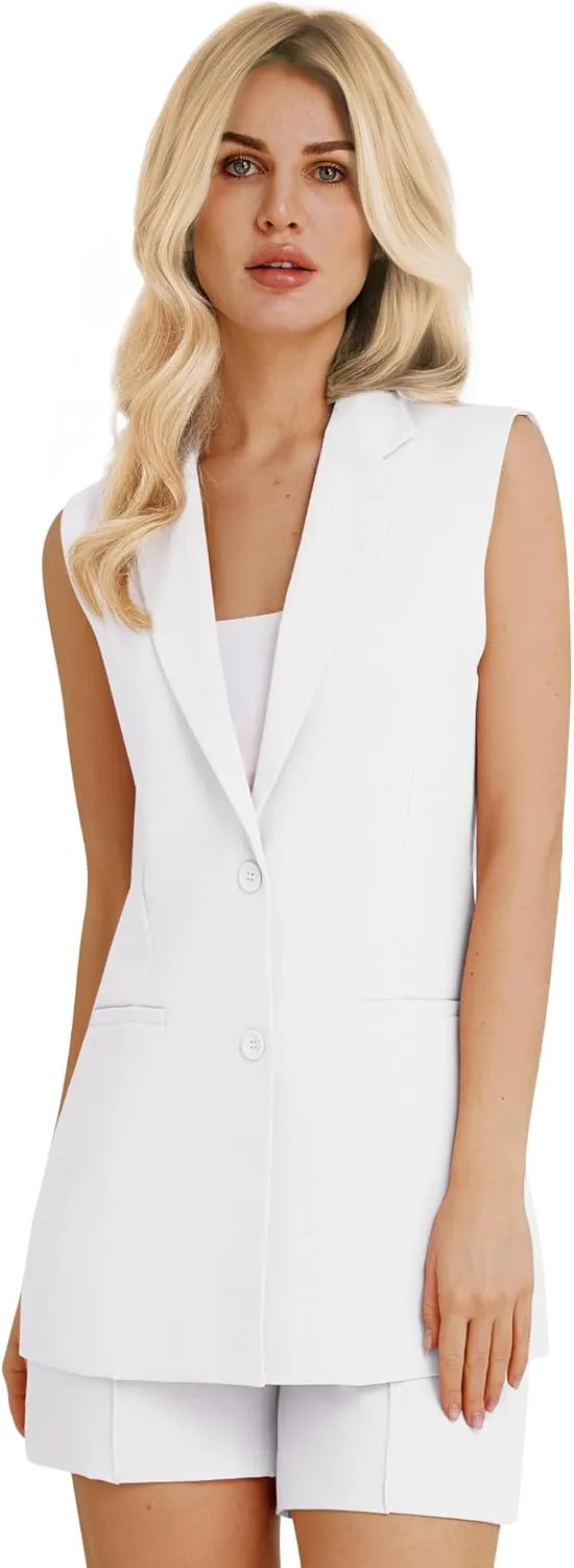 Women's 2 Piece Outfits Sleeveless Suit Vest and Shorts Sets Notch Lapel Two Button Business Casual Blazer Sets