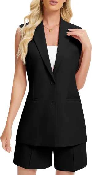 Women's 2 Piece Outfits Sleeveless Suit Vest and Shorts Sets Notch Lapel Two Button Business Casual Blazer Sets