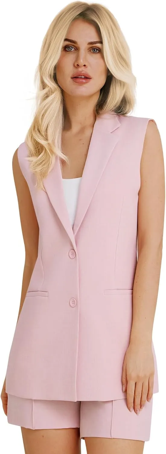 Women's 2 Piece Outfits Sleeveless Suit Vest and Shorts Sets Notch Lapel Two Button Business Casual Blazer Sets