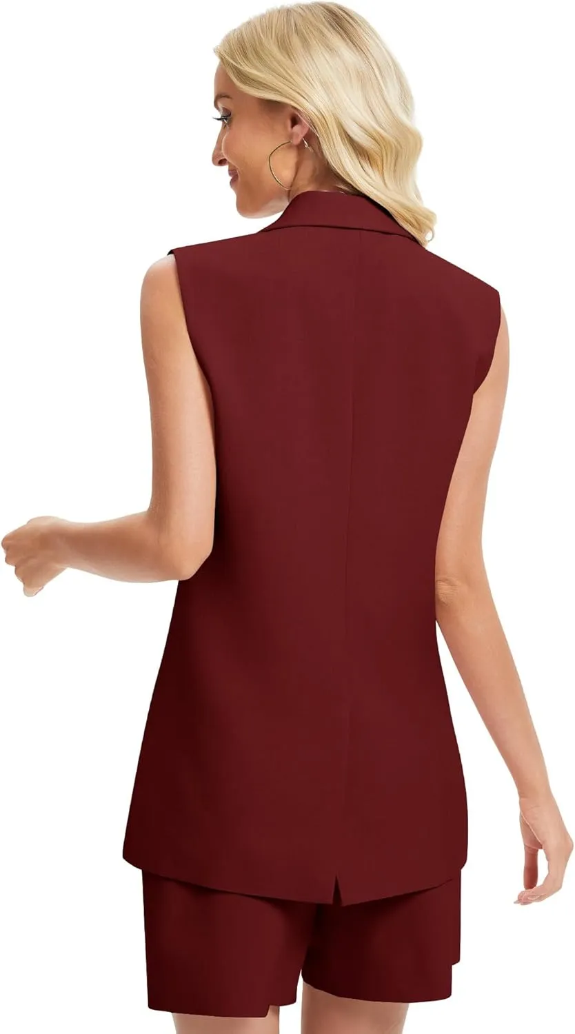 Women's 2 Piece Outfits Sleeveless Suit Vest and Shorts Sets Notch Lapel Two Button Business Casual Blazer Sets
