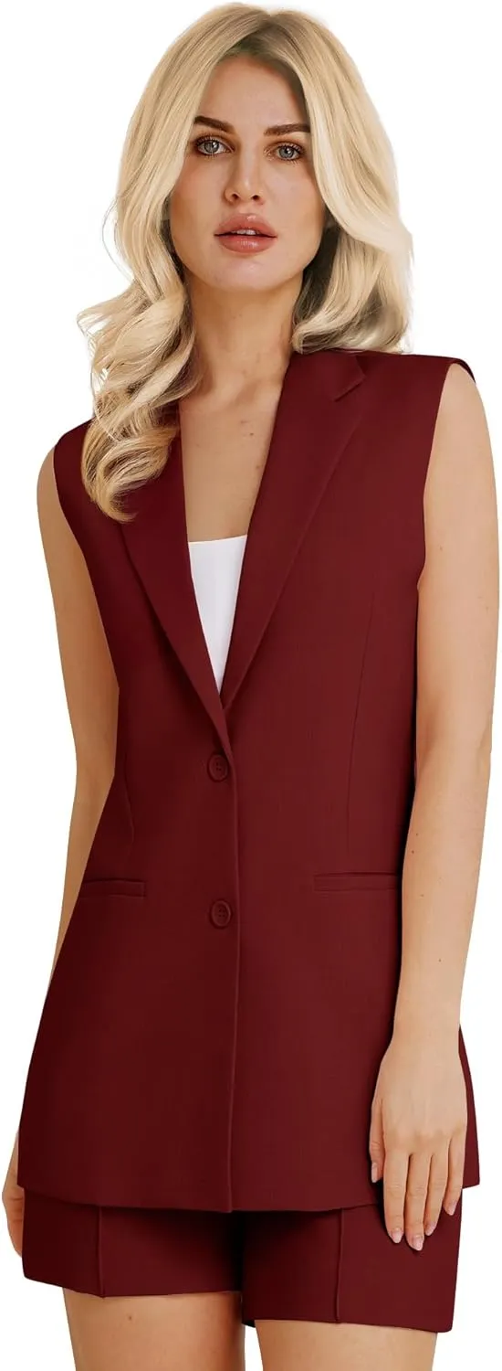 Women's 2 Piece Outfits Sleeveless Suit Vest and Shorts Sets Notch Lapel Two Button Business Casual Blazer Sets