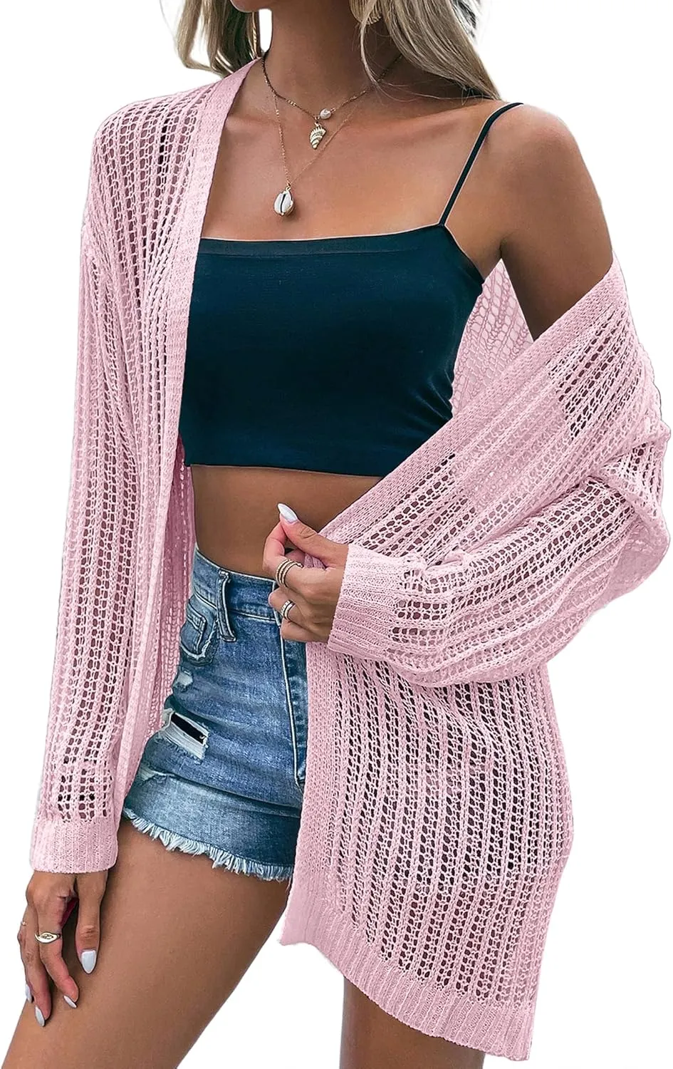 Womens 2025 Summer Lightweight Cardigan Long Sleeve Open Front Loose Beach Crochet Cover Up