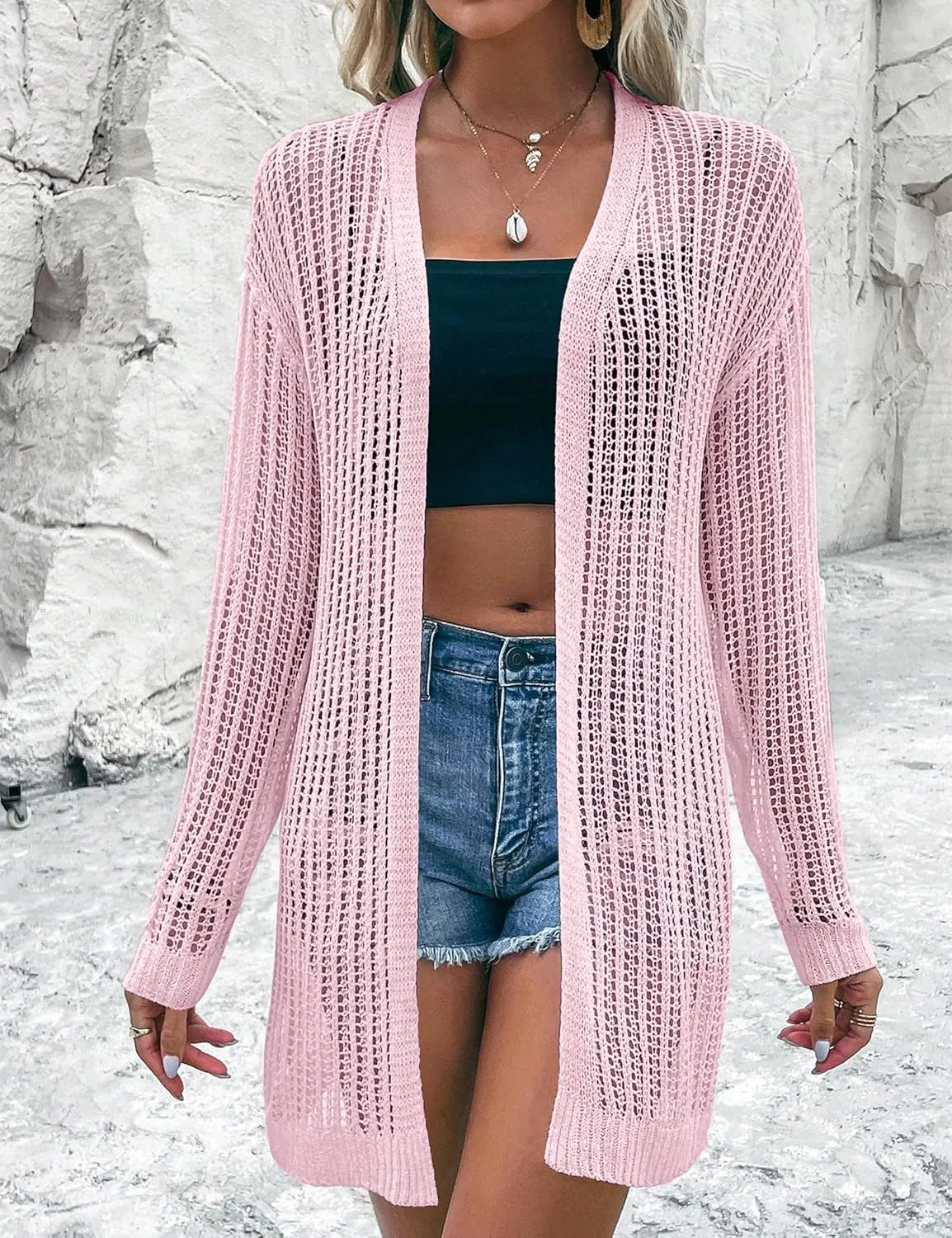 Womens 2025 Summer Lightweight Cardigan Long Sleeve Open Front Loose Beach Crochet Cover Up
