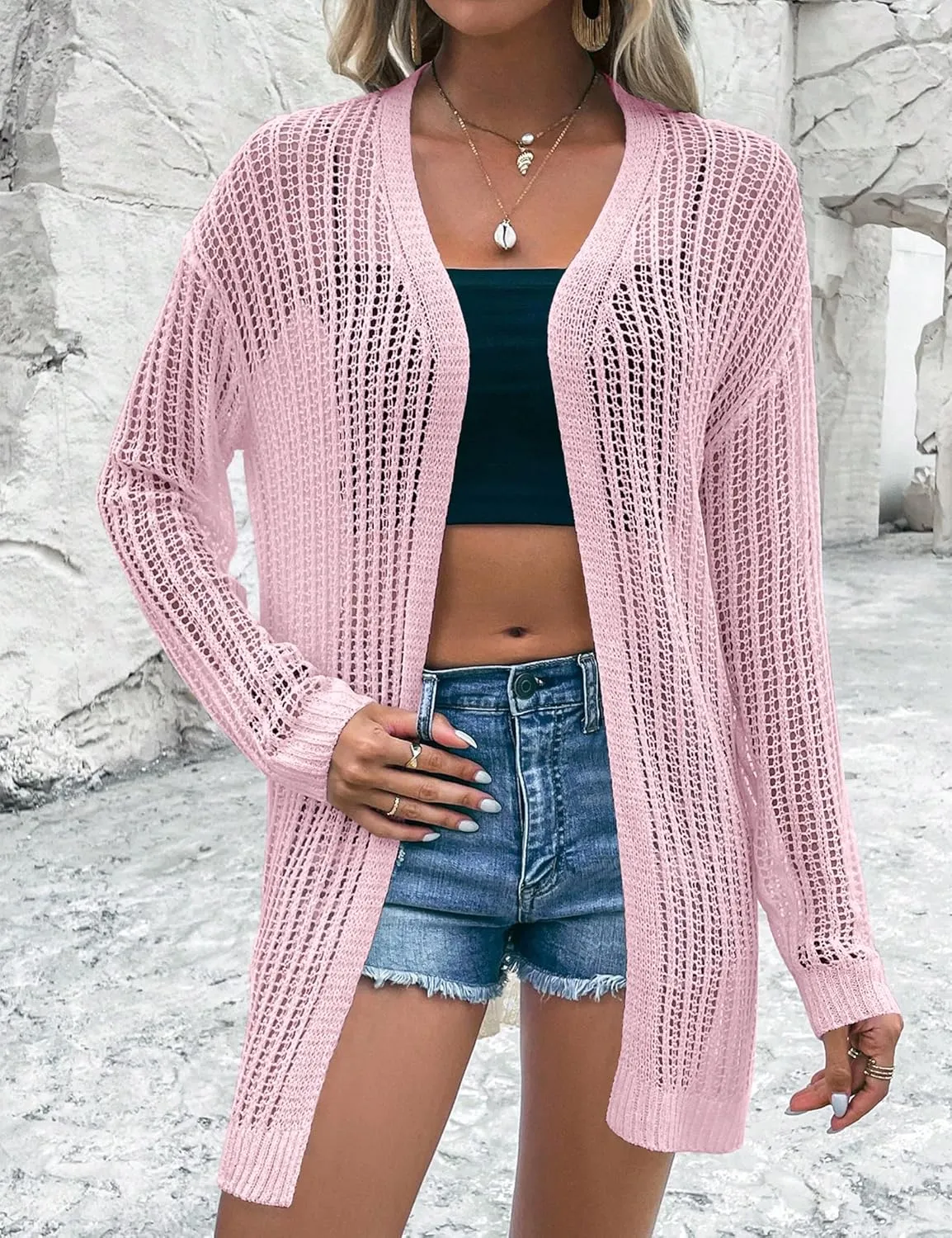 Womens 2025 Summer Lightweight Cardigan Long Sleeve Open Front Loose Beach Crochet Cover Up