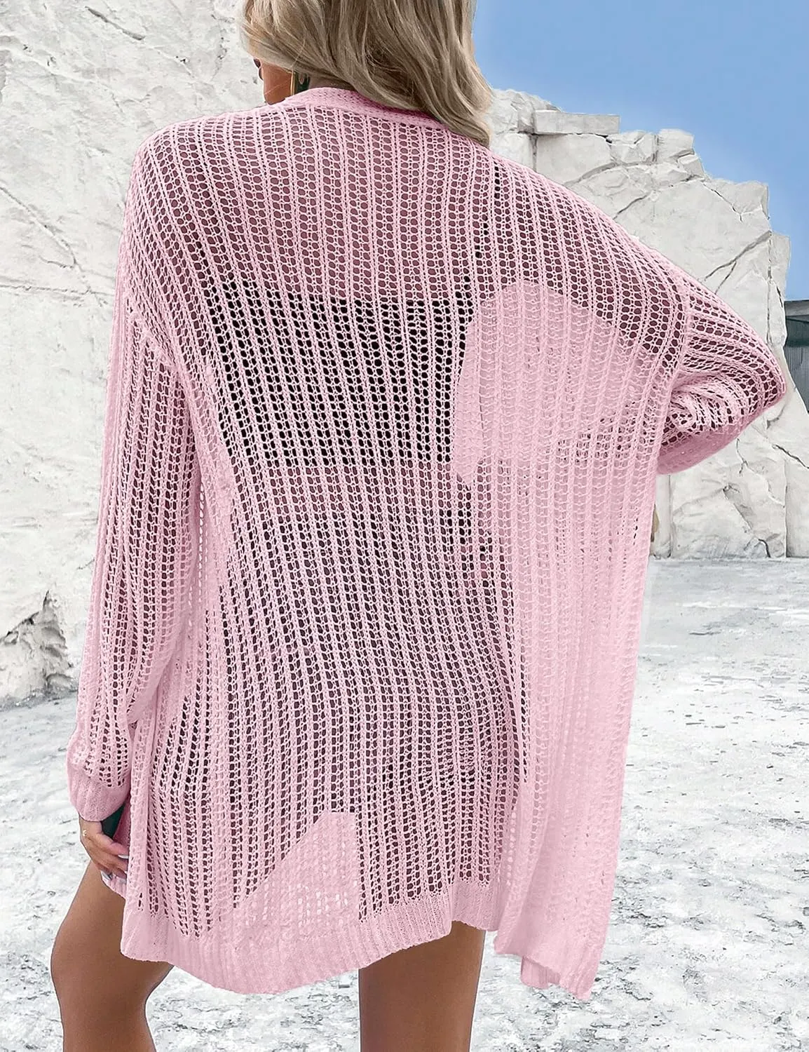 Womens 2025 Summer Lightweight Cardigan Long Sleeve Open Front Loose Beach Crochet Cover Up