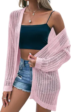 Womens 2025 Summer Lightweight Cardigan Long Sleeve Open Front Loose Beach Crochet Cover Up