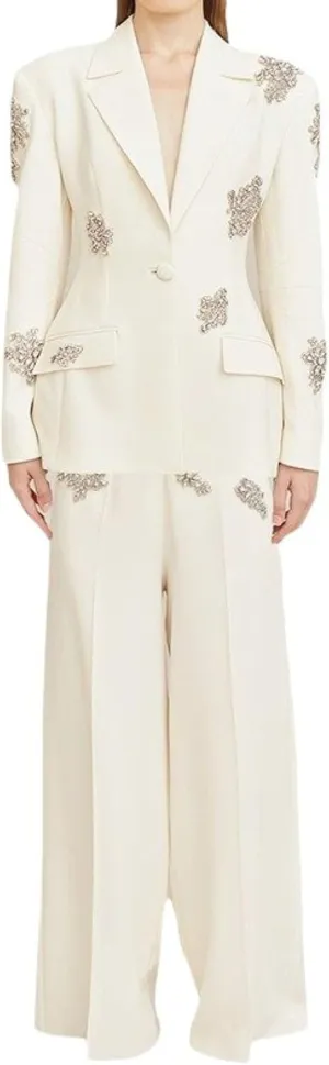 Women's Beaded Diamond Suits Set 2 Piece One Button Blazer Jacket High Waisted Pants Wedding Formal Suits