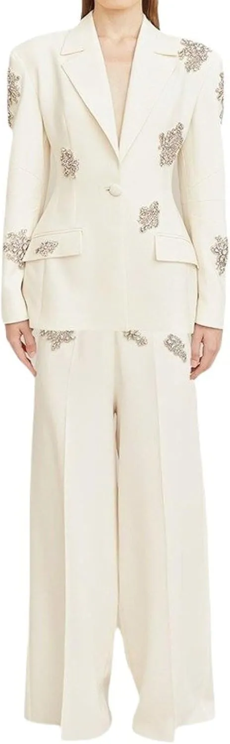 Women's Beaded Diamond Suits Set 2 Piece One Button Blazer Jacket High Waisted Pants Wedding Formal Suits