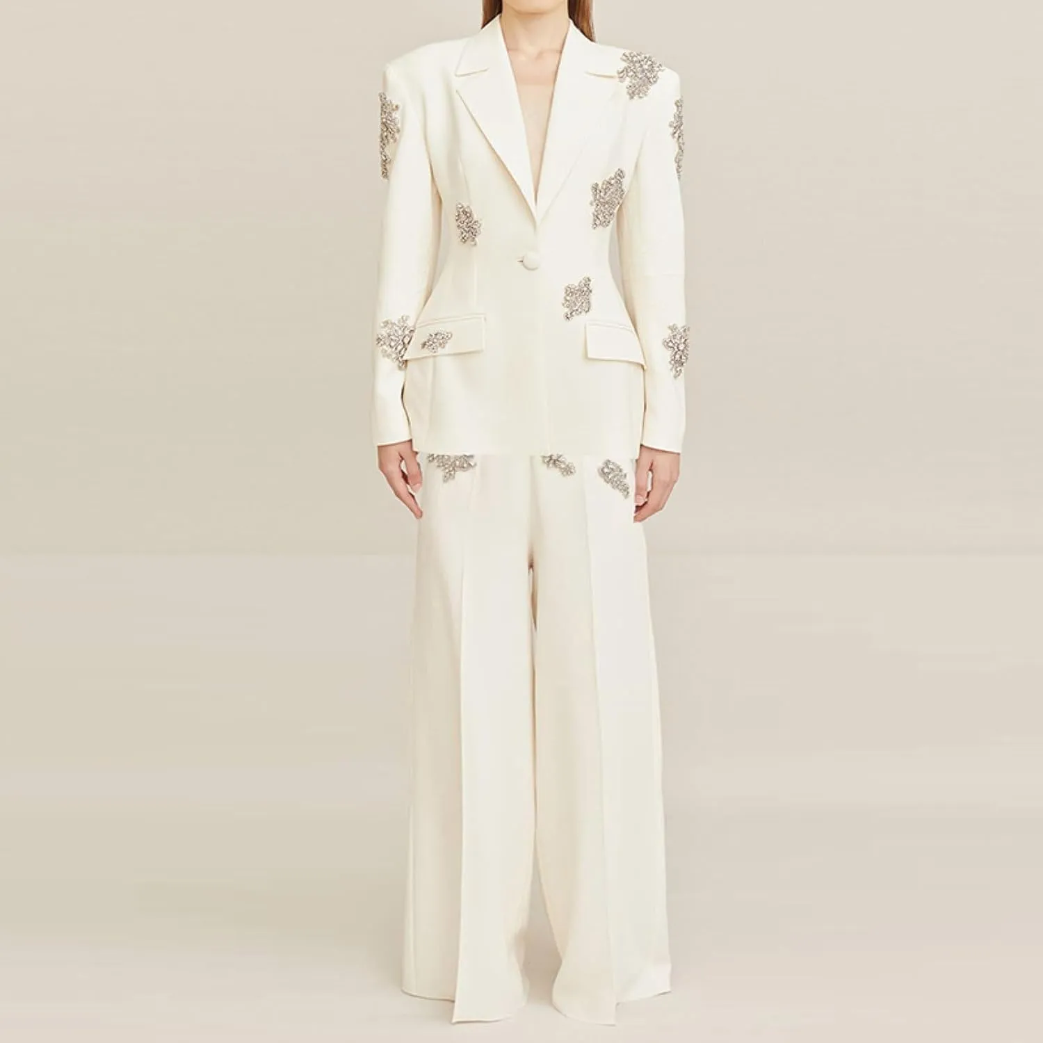 Women's Beaded Diamond Suits Set 2 Piece One Button Blazer Jacket High Waisted Pants Wedding Formal Suits