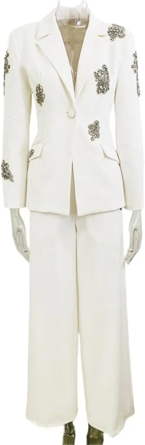 Women's Beaded Diamond Suits Set 2 Piece One Button Blazer Jacket High Waisted Pants Wedding Formal Suits