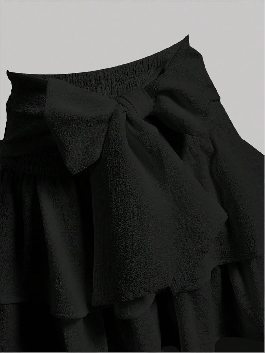 Women's Bow Front Mini Skirt High Shirred Waist Layered Ruffle Hem Short Cake Skirts