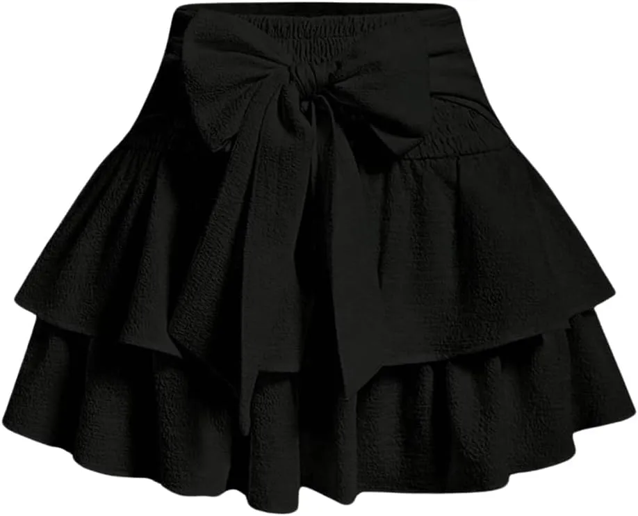 Women's Bow Front Mini Skirt High Shirred Waist Layered Ruffle Hem Short Cake Skirts