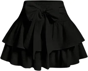 Women's Bow Front Mini Skirt High Shirred Waist Layered Ruffle Hem Short Cake Skirts