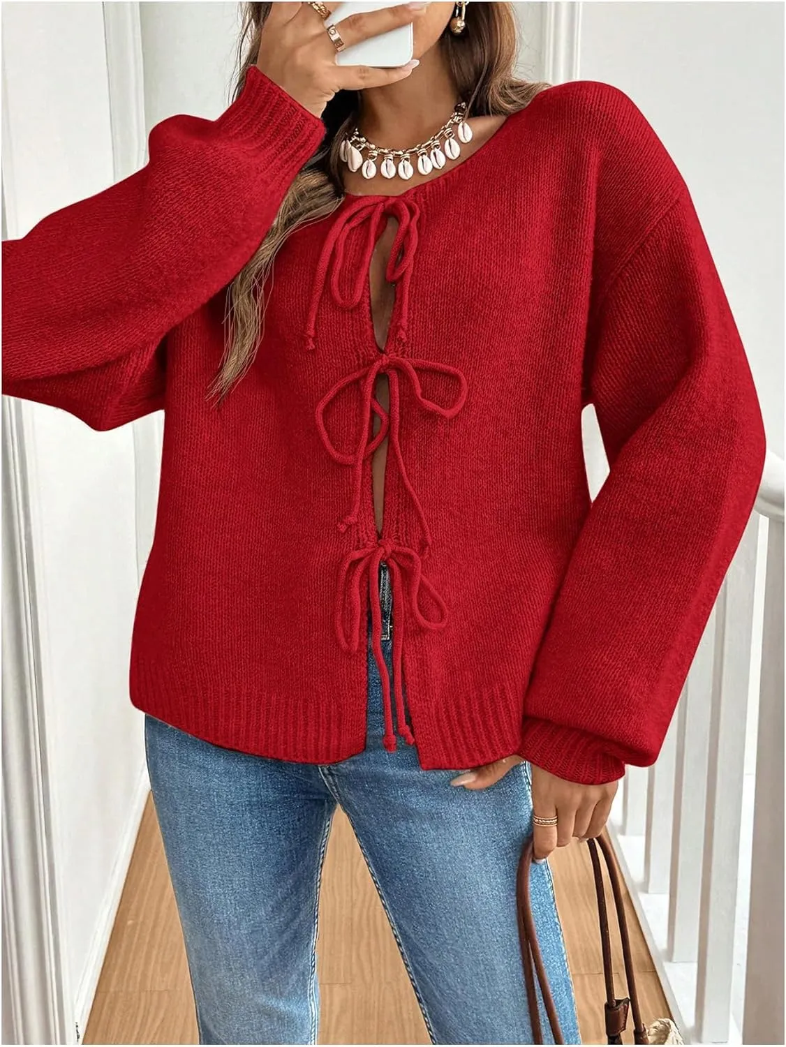 Women's Bow Tie Cardigan Crewneck Long Sleeve Drop Shoulder Loose Knit Sweater