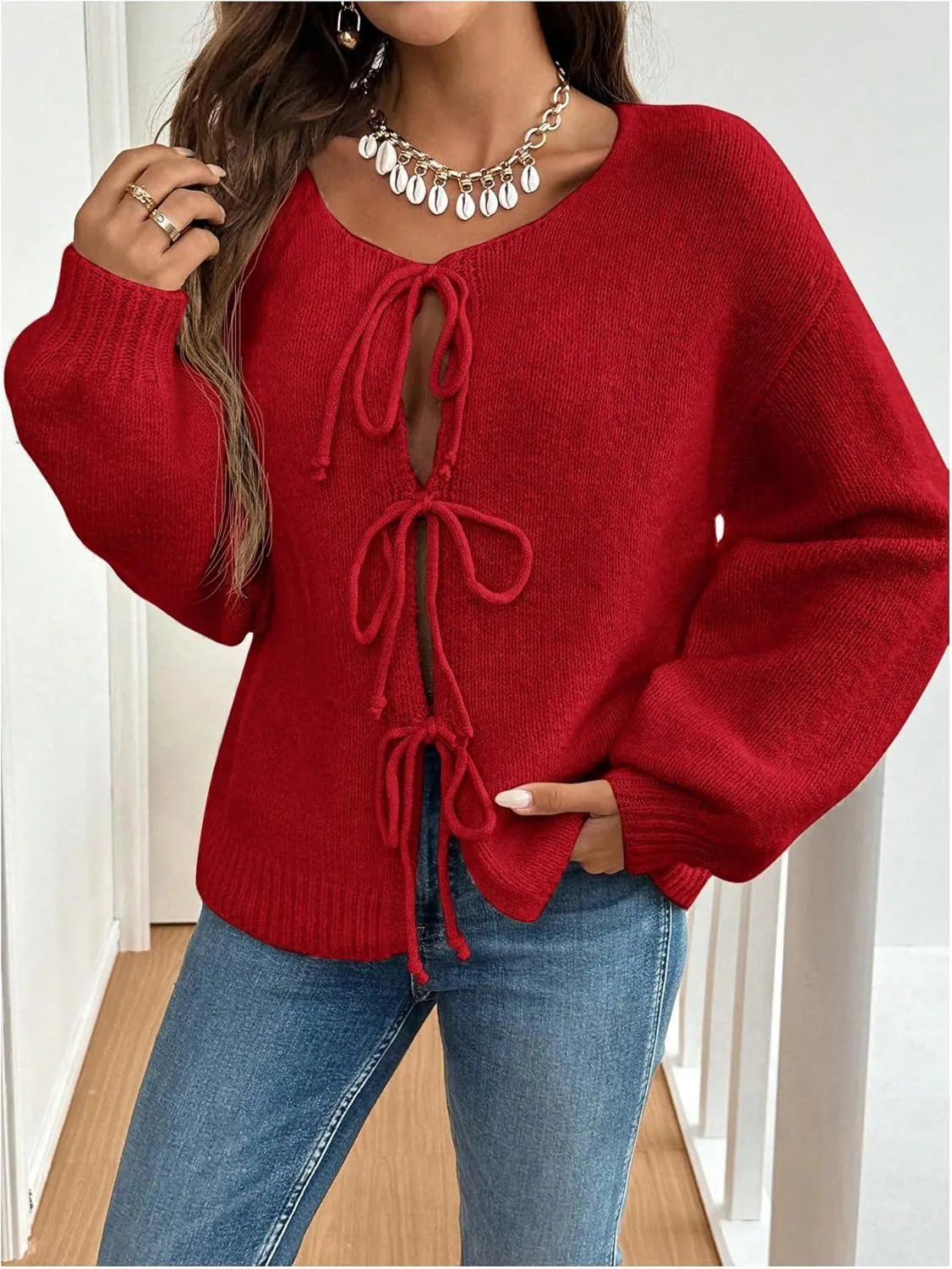 Women's Bow Tie Cardigan Crewneck Long Sleeve Drop Shoulder Loose Knit Sweater
