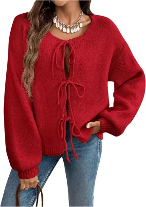 Women's Bow Tie Cardigan Crewneck Long Sleeve Drop Shoulder Loose Knit Sweater