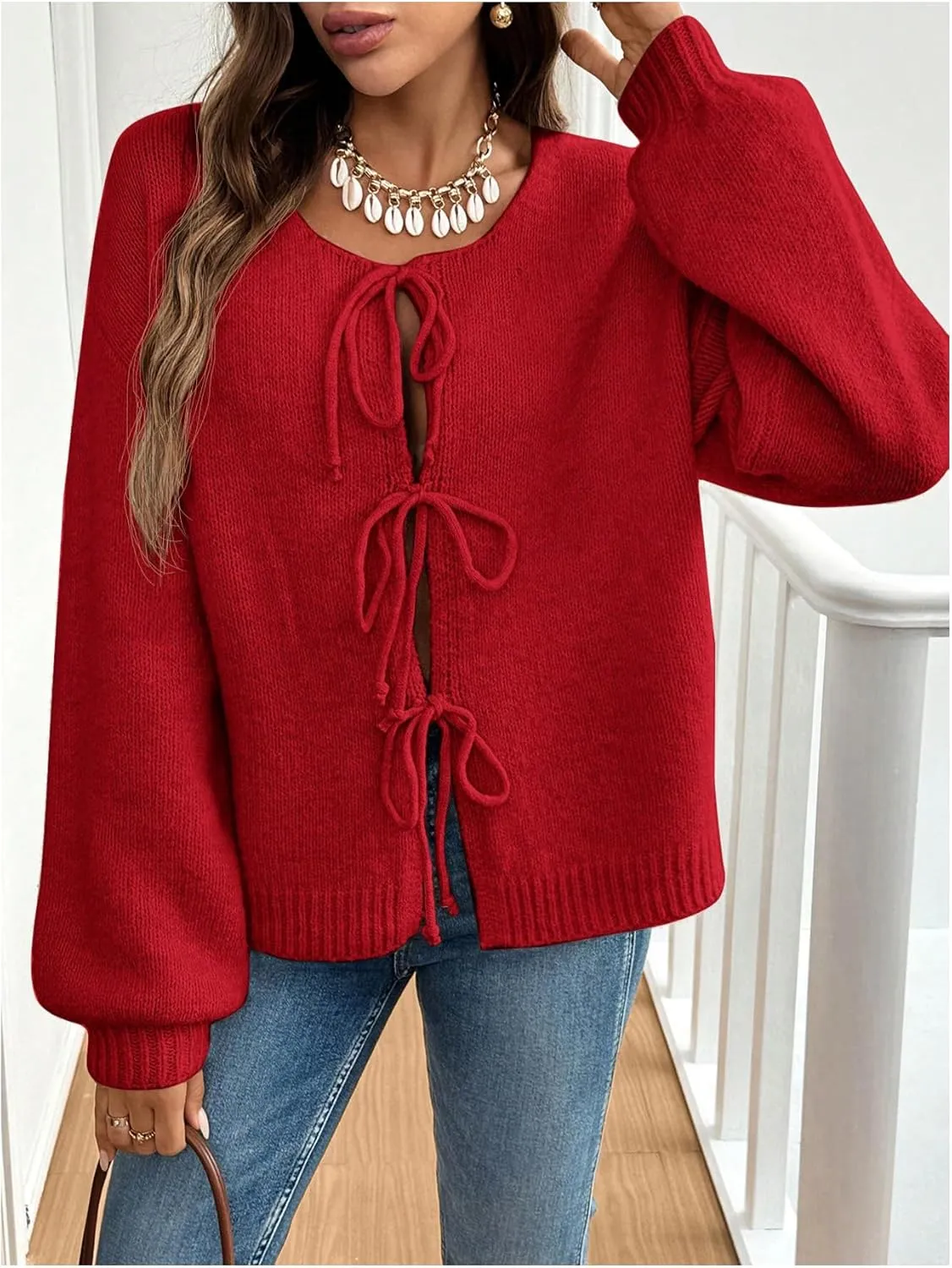 Women's Bow Tie Cardigan Crewneck Long Sleeve Drop Shoulder Loose Knit Sweater