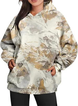 Womens Camo Hoodie Maple-Leaf Print Oversized Sweatshirt Fleece Hooded Pullover Long Sleeve Tunic Tops Fall Clothes