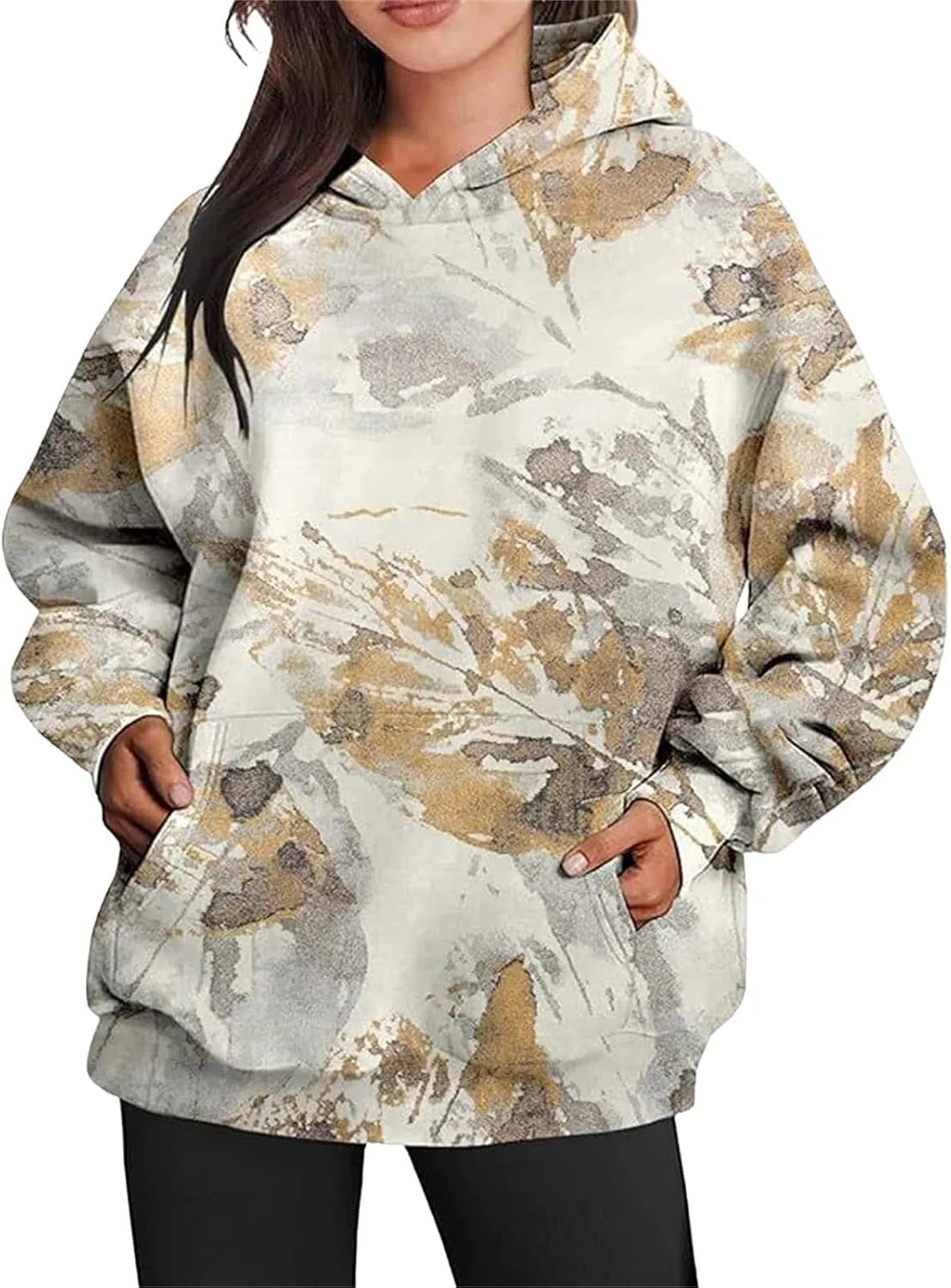Womens Camo Hoodie Maple-Leaf Print Oversized Sweatshirt Fleece Hooded Pullover Long Sleeve Tunic Tops Fall Clothes