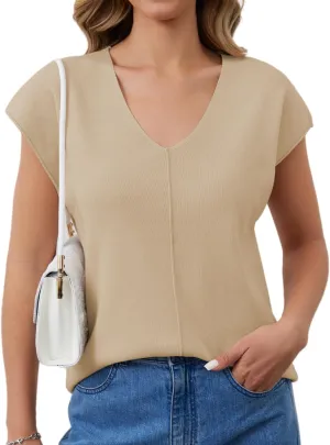 Womens Cap Sleeve Tops Summer Knit Vest Crew V Neck Tank Top Casual Loose Sweater