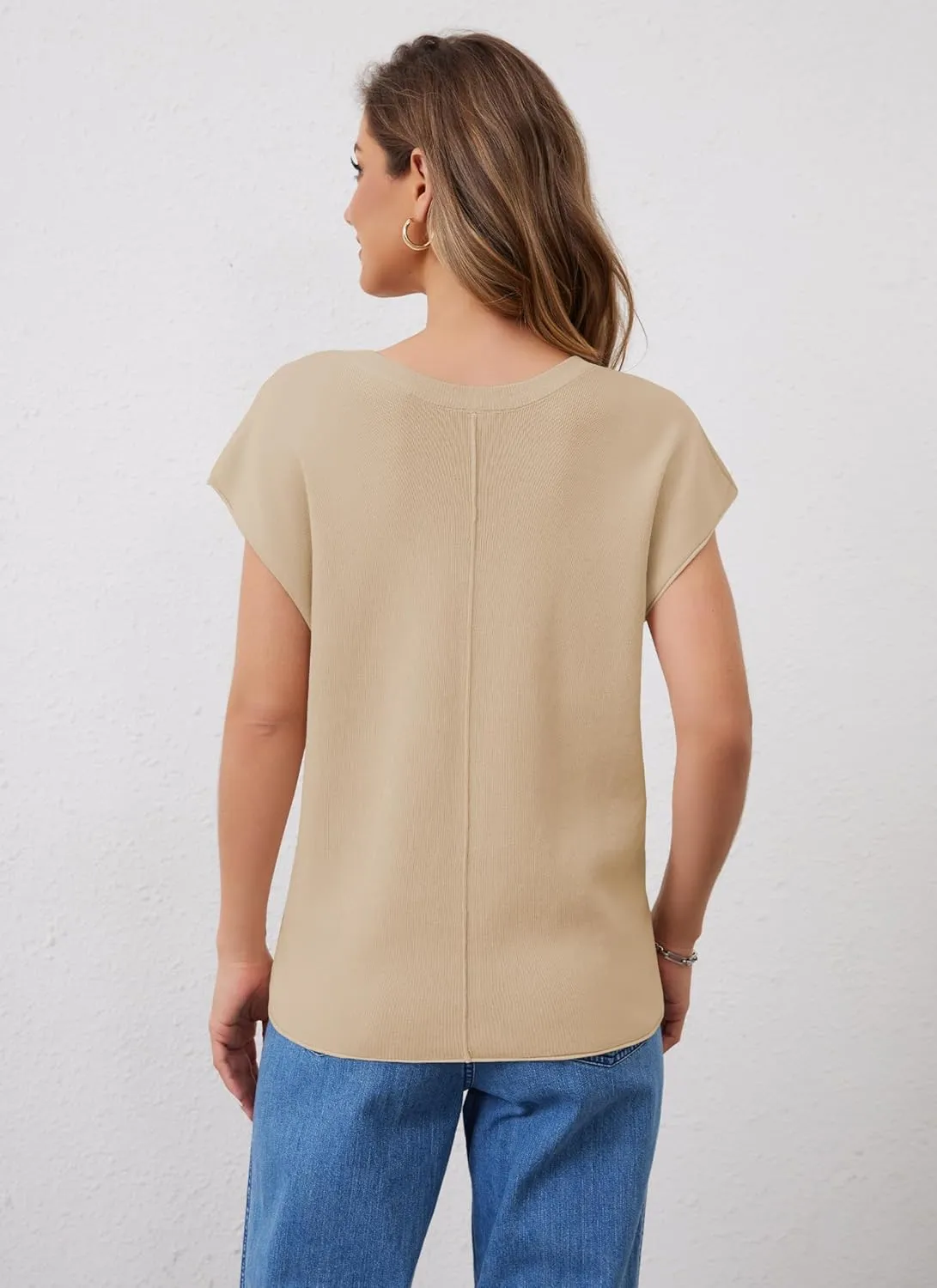 Womens Cap Sleeve Tops Summer Knit Vest Crew V Neck Tank Top Casual Loose Sweater