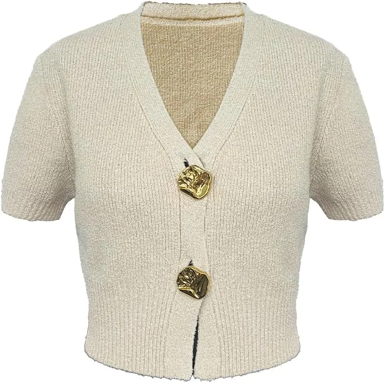 Women's Cardigan Sweaters Short Sleeve V Neck Gold Button Down Cropped Knit Casual Summer Tops
