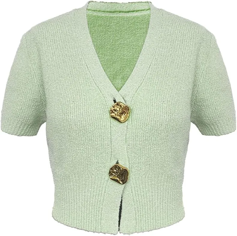 Women's Cardigan Sweaters Short Sleeve V Neck Gold Button Down Cropped Knit Casual Summer Tops