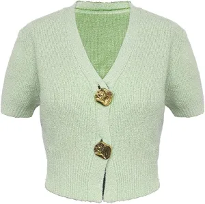 Women's Cardigan Sweaters Short Sleeve V Neck Gold Button Down Cropped Knit Casual Summer Tops