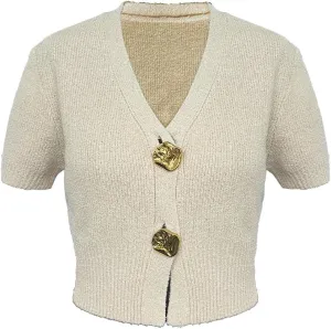 Women's Cardigan Sweaters Short Sleeve V Neck Gold Button Down Cropped Knit Casual Summer Tops
