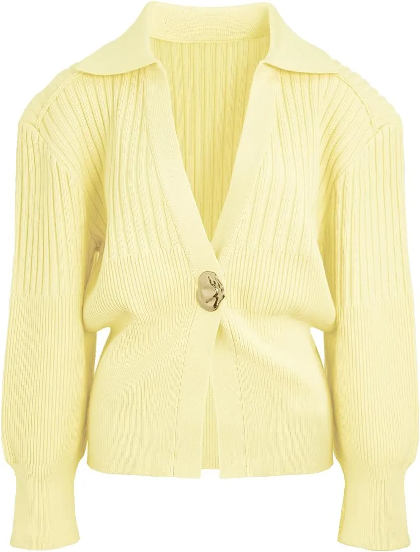Women's Cardigan V-Neck Lapel Long Sleeve Knitted Cropped Casual Sweater with Metal Button 2025