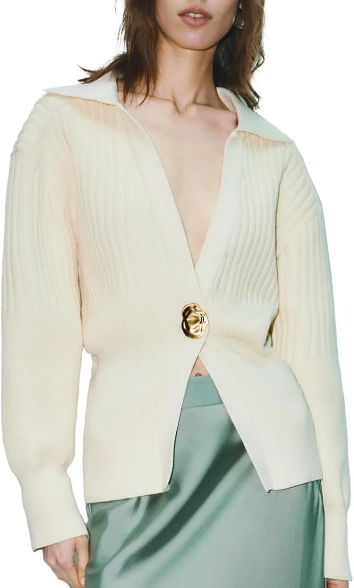 Women's Cardigan V-Neck Lapel Long Sleeve Knitted Cropped Casual Sweater with Metal Button 2025
