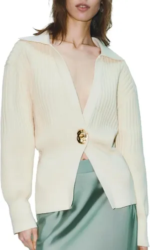 Women's Cardigan V-Neck Lapel Long Sleeve Knitted Cropped Casual Sweater with Metal Button 2025