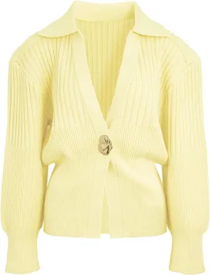Women's Cardigan V-Neck Lapel Long Sleeve Knitted Cropped Casual Sweater with Metal Button 2025