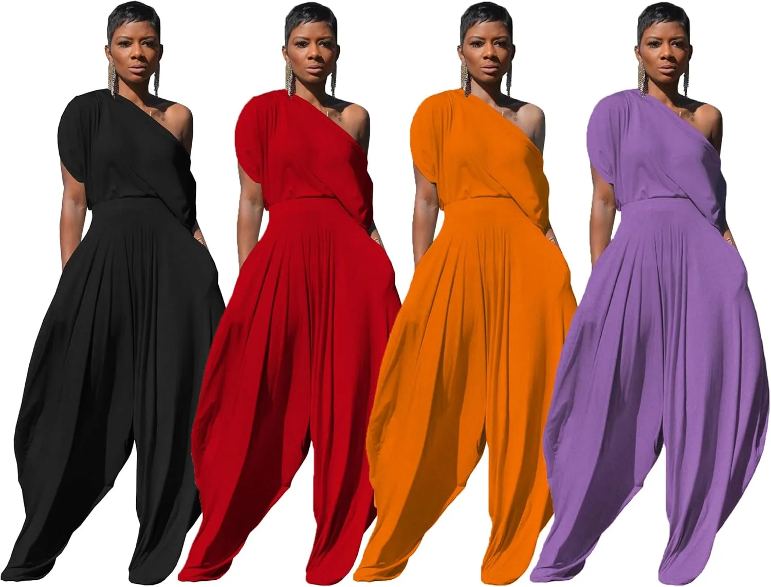 Womens Casual 2 Piece Outfit Loose Off Shoulder Crop Tops Harem Pants Jumpsuit Tracksuits Set