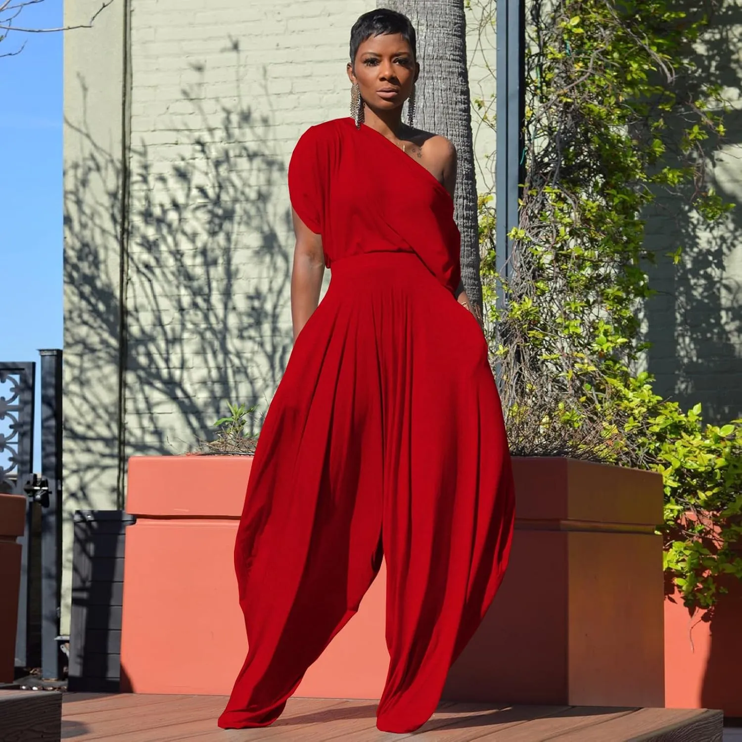 Womens Casual 2 Piece Outfit Loose Off Shoulder Crop Tops Harem Pants Jumpsuit Tracksuits Set
