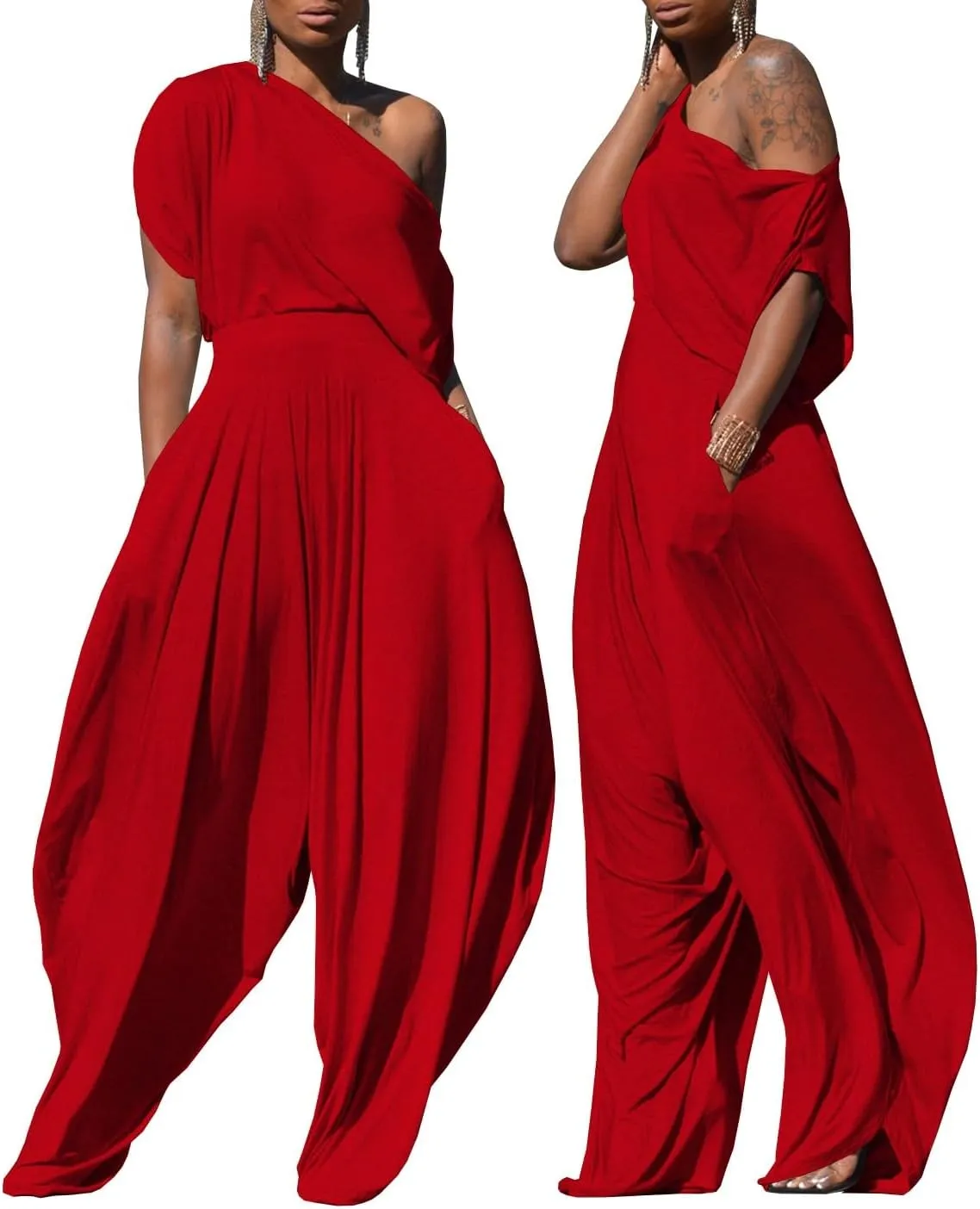 Womens Casual 2 Piece Outfit Loose Off Shoulder Crop Tops Harem Pants Jumpsuit Tracksuits Set