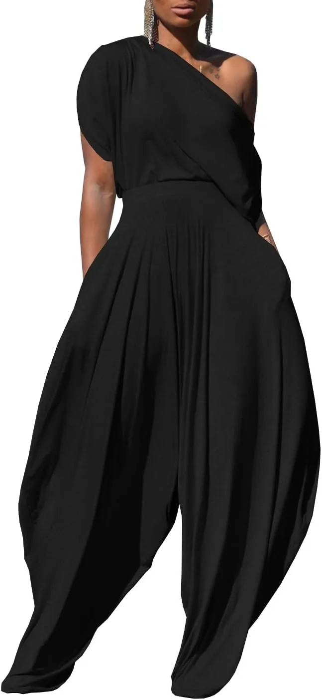 Womens Casual 2 Piece Outfit Loose Off Shoulder Crop Tops Harem Pants Jumpsuit Tracksuits Set