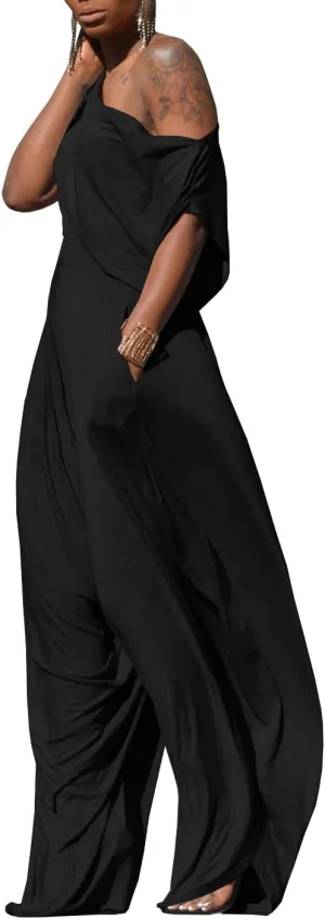 Womens Casual 2 Piece Outfit Loose Off Shoulder Crop Tops Harem Pants Jumpsuit Tracksuits Set