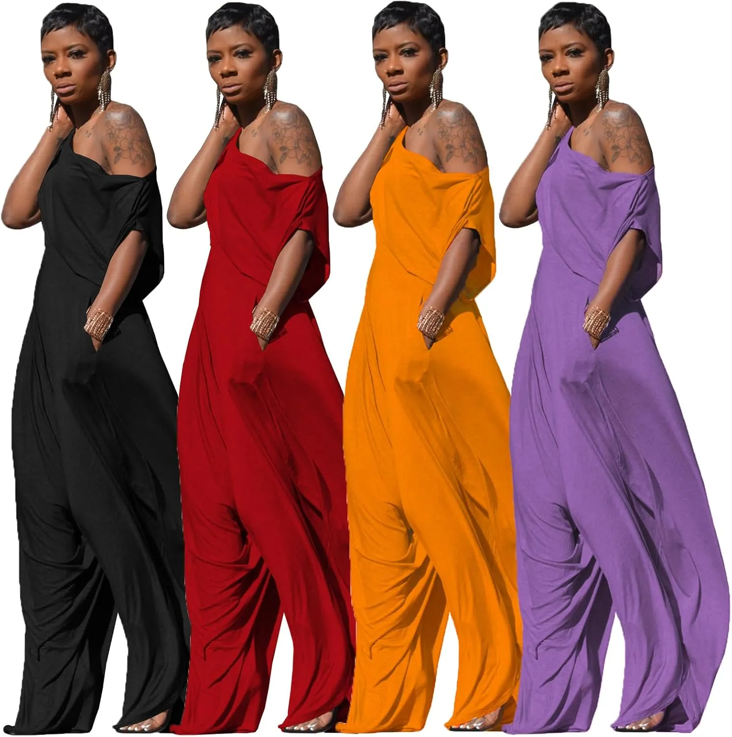 Womens Casual 2 Piece Outfit Loose Off Shoulder Crop Tops Harem Pants Jumpsuit Tracksuits Set