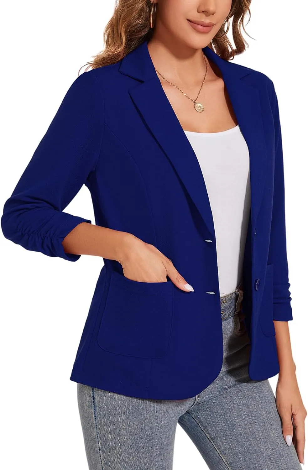 Women's Casual Button Front Blazer Jackets Ruched 3/4 Sleeve Lapel Office Work Lightweight Blazers with Pockets