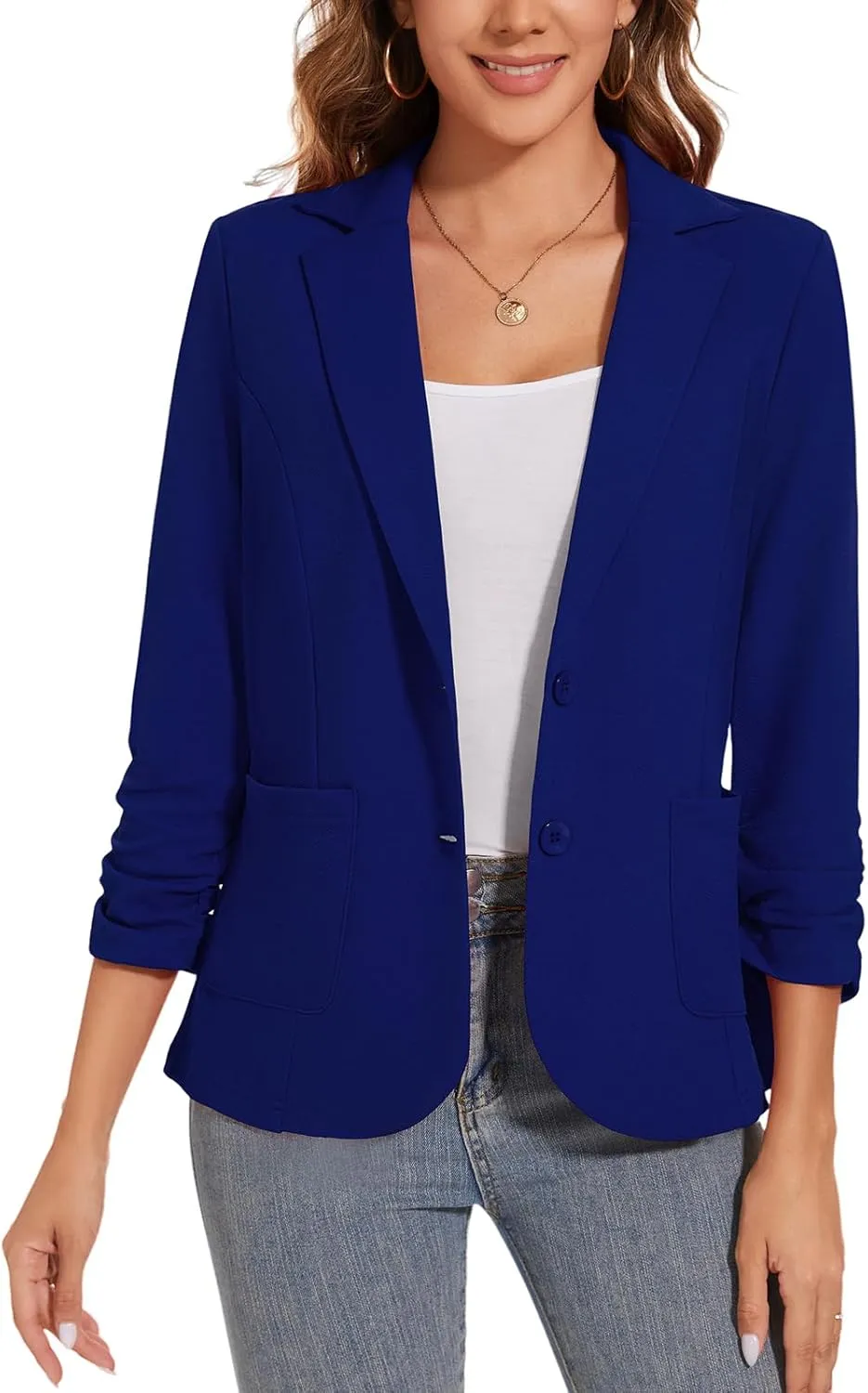Women's Casual Button Front Blazer Jackets Ruched 3/4 Sleeve Lapel Office Work Lightweight Blazers with Pockets