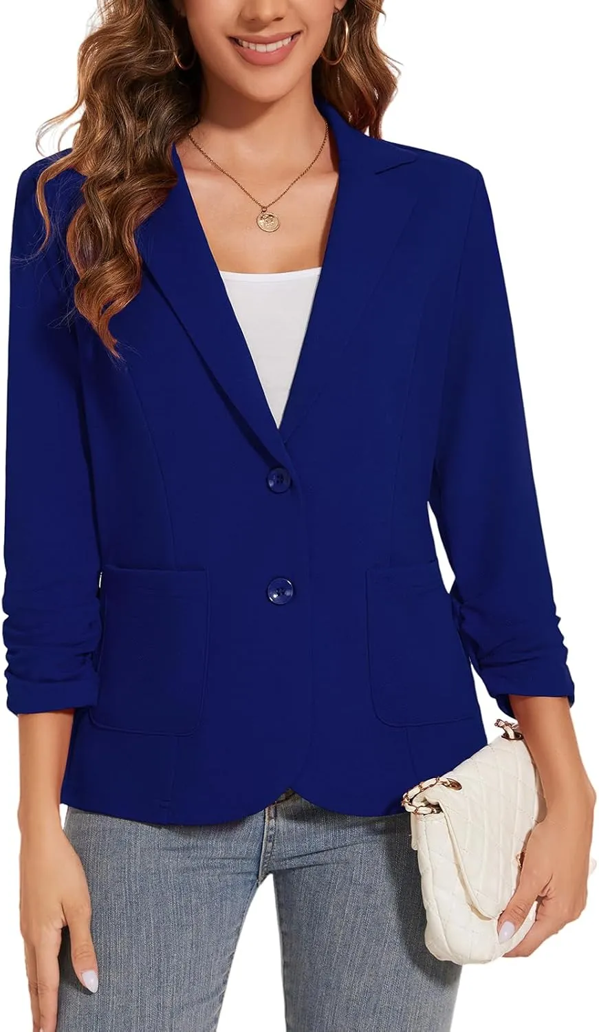 Women's Casual Button Front Blazer Jackets Ruched 3/4 Sleeve Lapel Office Work Lightweight Blazers with Pockets
